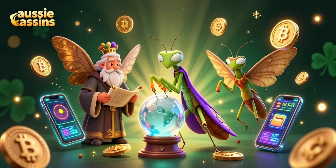 Aussie casinos featuring 3D cartoon fortune teller and moth librarian surrounded by vibrant gaming symbols.