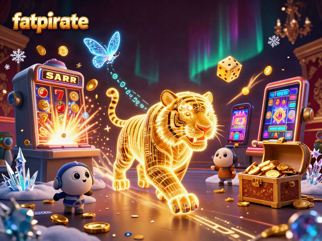 Experience the vibrant energy of fatpirate casino with a golden tiger amid slot machines and jackpots.