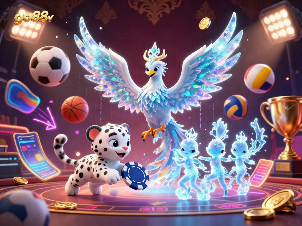 Engaging casino scene featuring go88v with an ice phoenix, snow leopard, and vibrant sports elements for excited players.