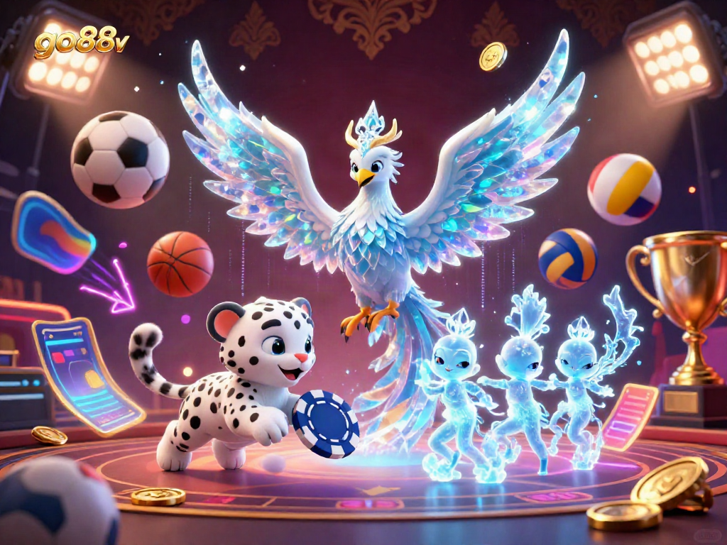 Engaging casino scene featuring go88v with an ice phoenix, snow leopard, and vibrant sports elements for excited players.