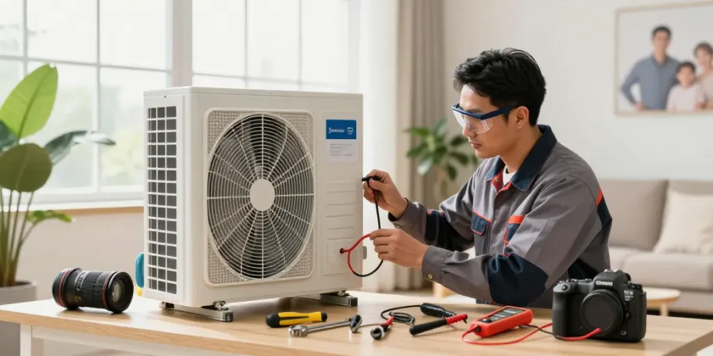 Installatie van een warmtepomp door een professional in een moderne woning.