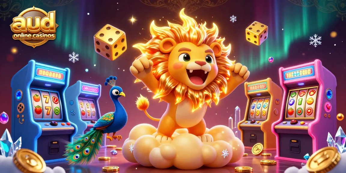 Experience aud online casinos in vibrant 3D, featuring a roaring lion, golden dice, and dynamic game elements.