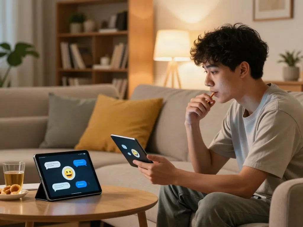 Engaging conversation with juicy chat ai on a tablet in a cozy living room.