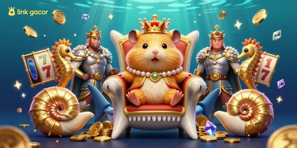 Engage with the link gacor featuring a tiny golden hamster king amidst a dazzling casino treasure scene