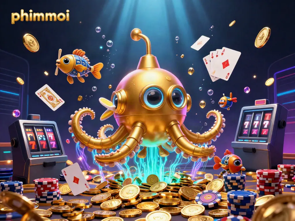 Experience thrilling gameplay with phimmoi’s vibrant 3D illustration of a golden kraken submarine amidst a flurry of casino action.