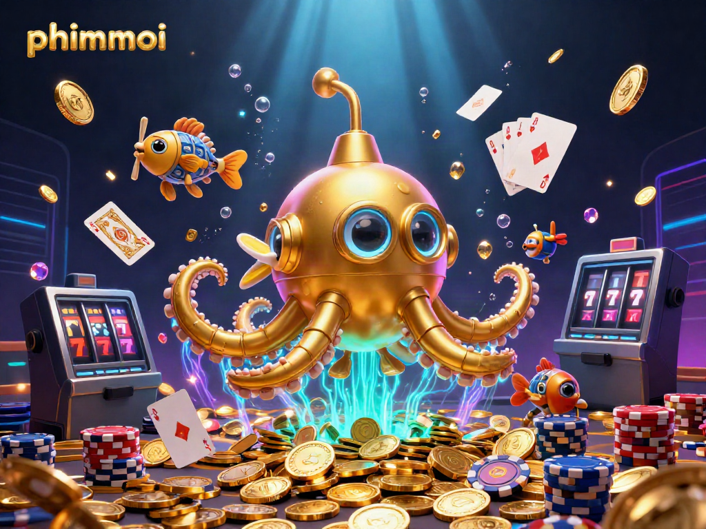 Experience thrilling gameplay with phimmoi’s vibrant 3D illustration of a golden kraken submarine amidst a flurry of casino action.