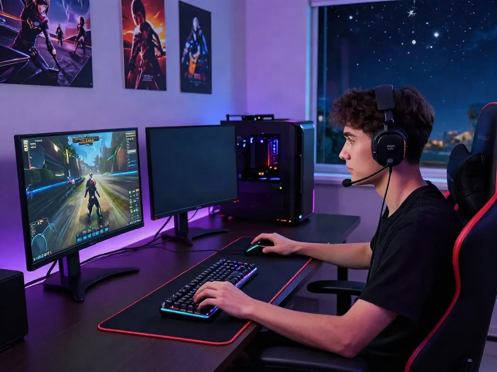 The scene showcases a gamer at their dynamic setup with a rokok88 link highlighted by RGB lights, mechanical keyboard, and a gaming chair.