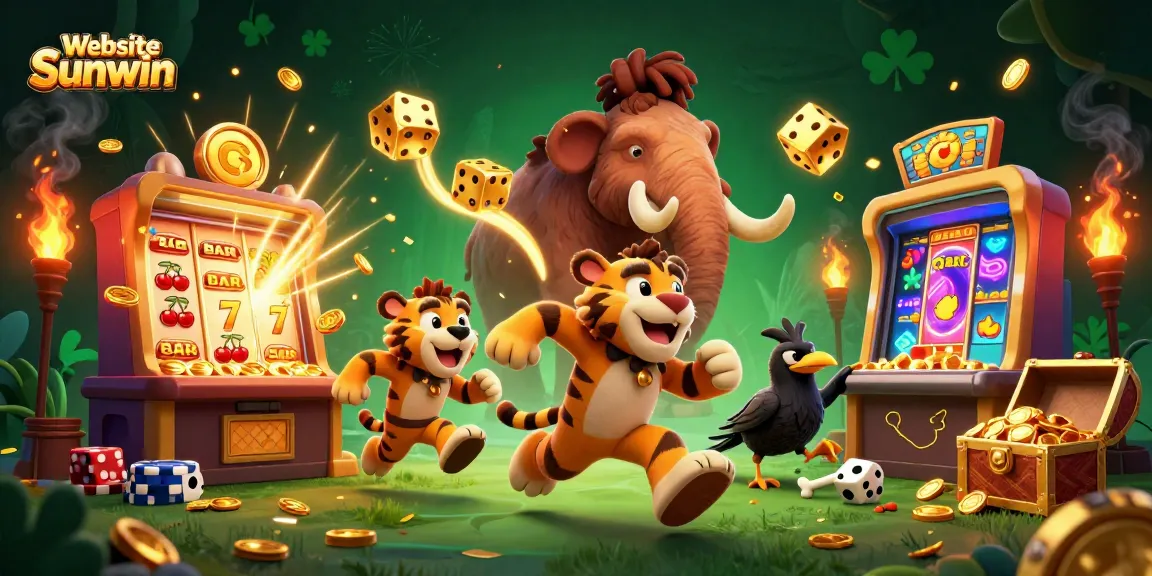 Experience the excitement of the Website Sunwin with a dynamic prehistoric casino scene featuring vibrant characters and gaming elements.