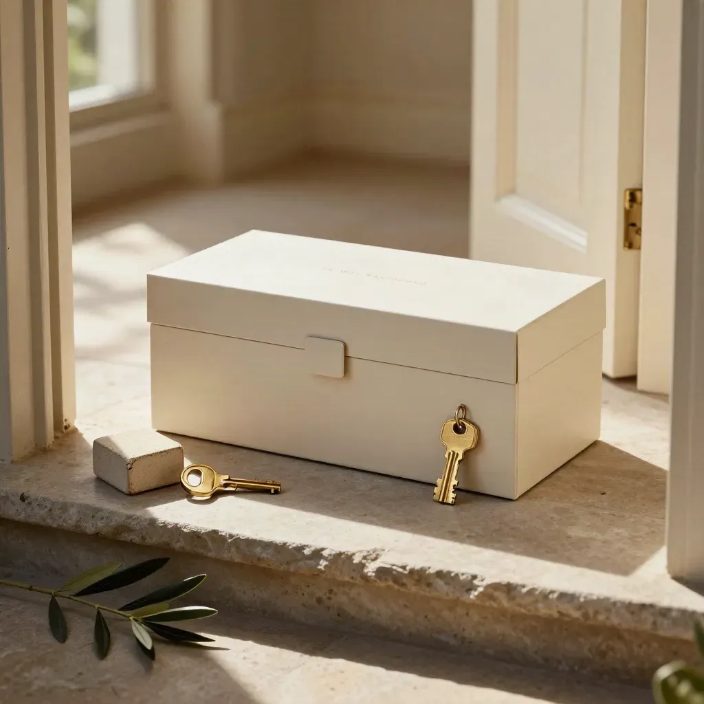 Ivory box met messing huissleutel, zandkleurig blok en olijftak op stenen dorpel bij open deur.