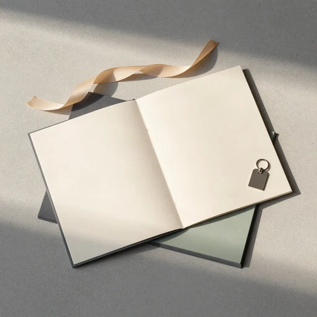 Bovenaanzicht van een verkoopplan-kit met map, lint, scheiders en een sleutelhanger.
