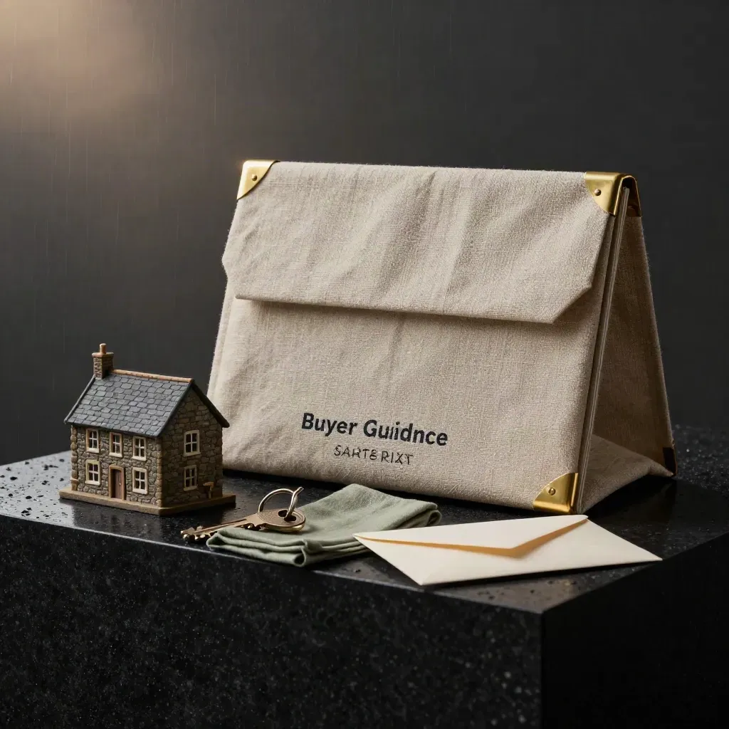 Luxe aankoopbegeleiding starterkit met huismodel, sleutelhanger en envelop op donkere steen.
