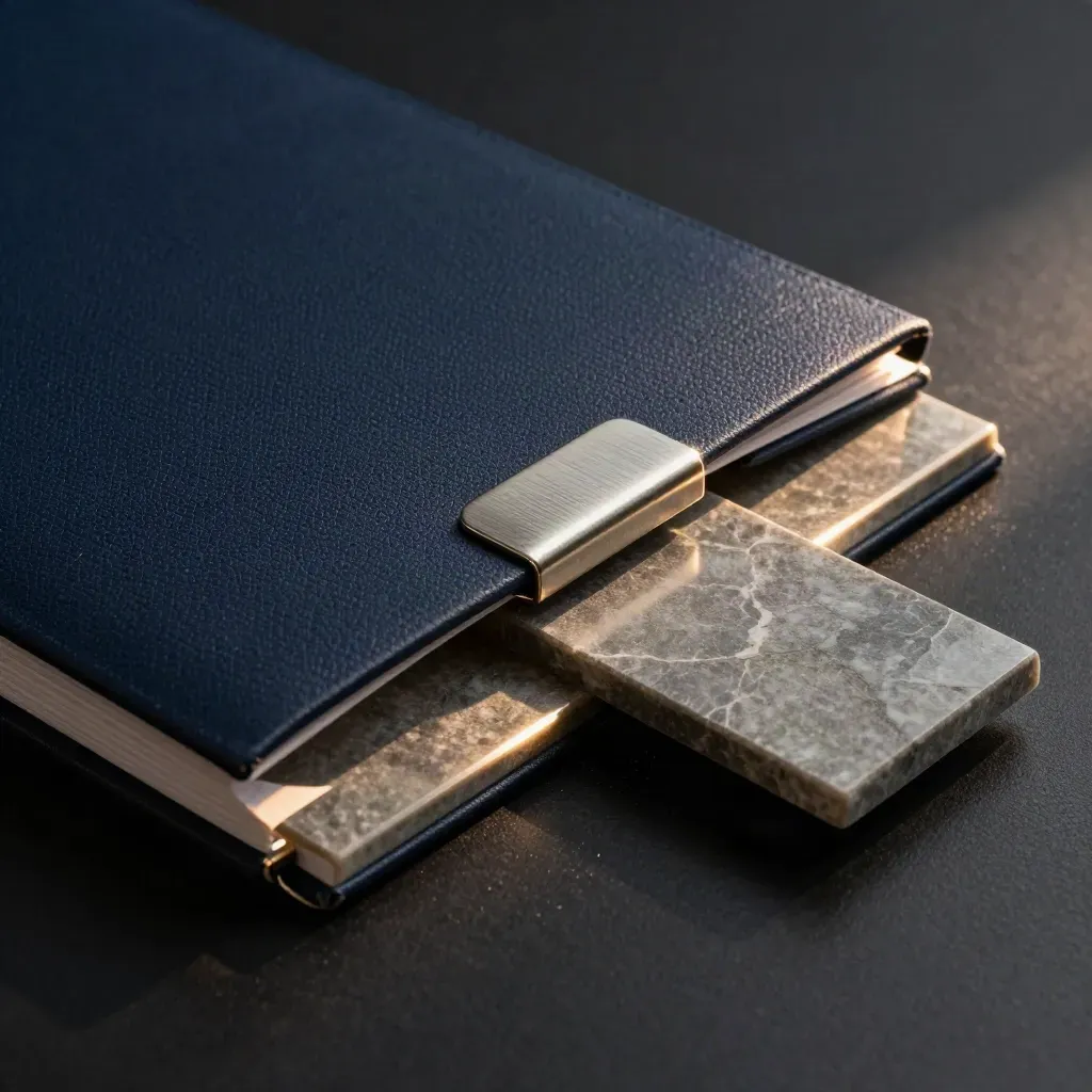 Donkere vastgoedmap met metalen sluiting en twee stenen tegels in dramatisch licht.