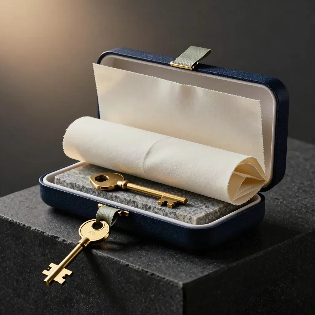 Open aankoopcheck-kit met sleutel, steentje en map in dramatische studioverlichting.