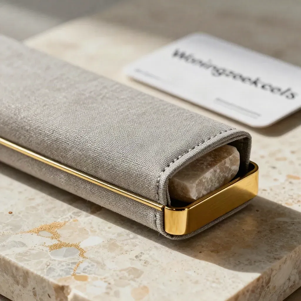 Close-up van een warmgrijze linnen case met messing rand en stenen sample op travertin.
