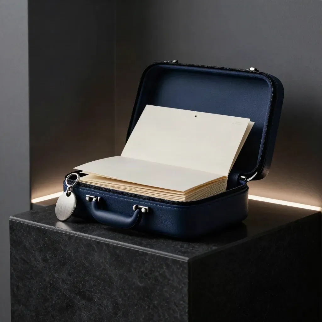 Matte navy bezichtigingsdagset met sleutelring, keramische token en ivoren sleeve op donkere steen