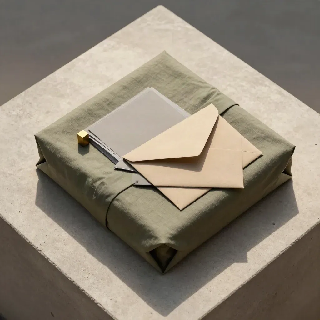 Flatlay van een sage dossierpakket met inserts, messing detail en zandkleurige envelop op beton.
