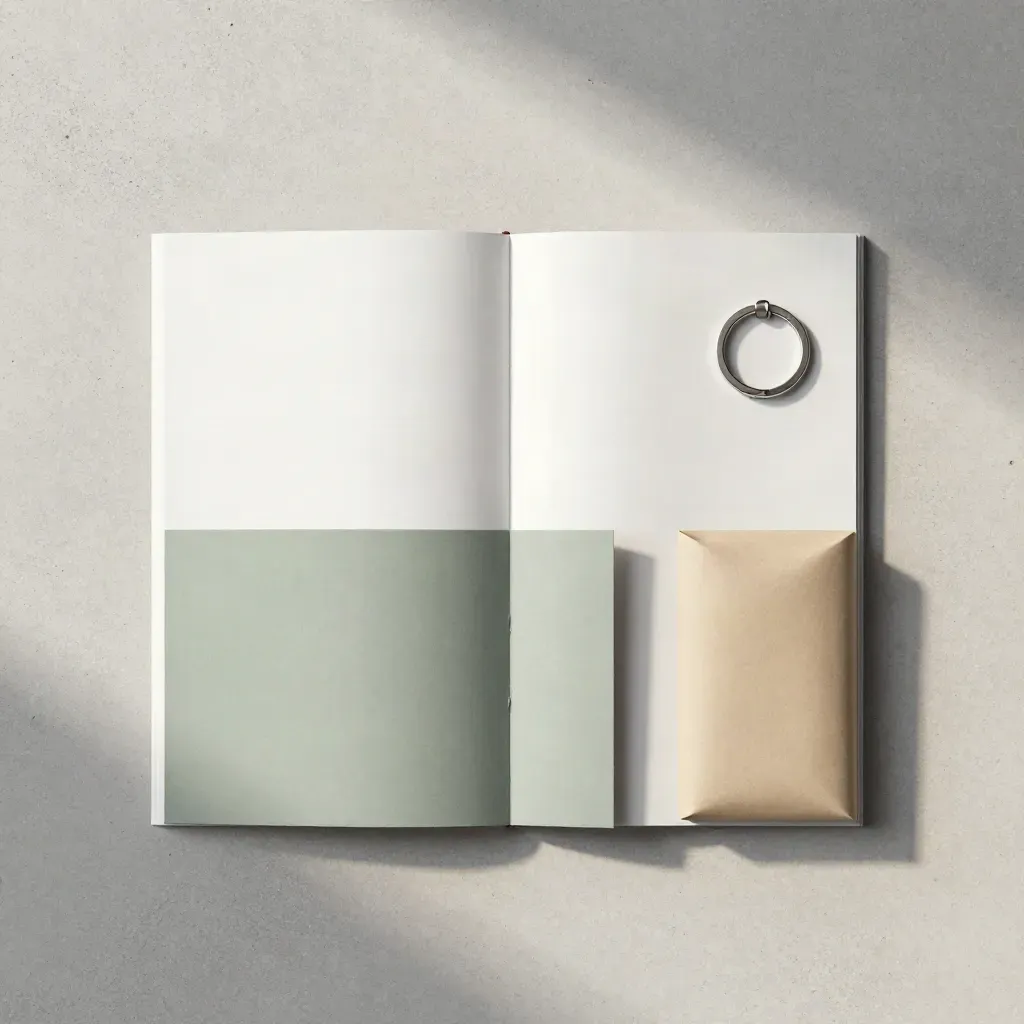 Flatlay van een witte eerstehuisgids met sage sleeve, sleutelhanger en zandkleurige wikkel.