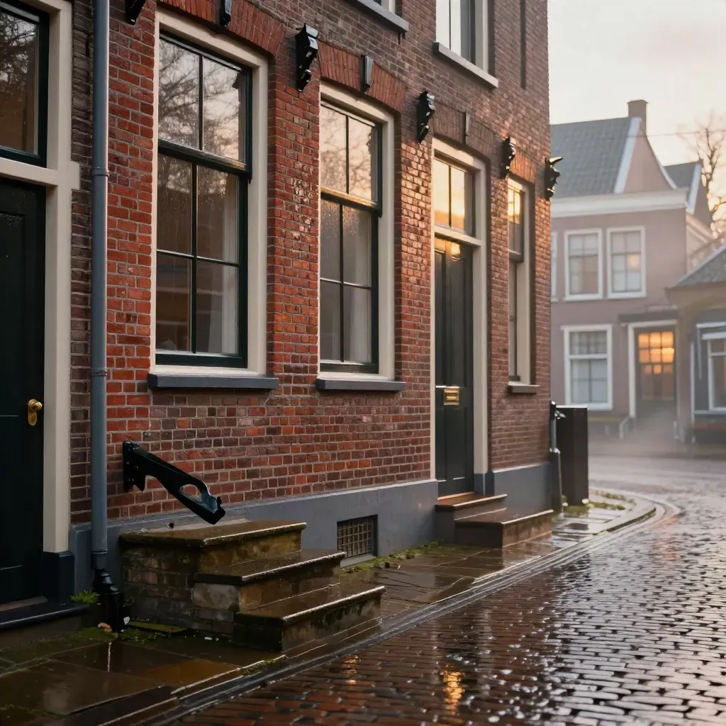 Nat huisgevel in de regen met glimmende stoep en mistige straat