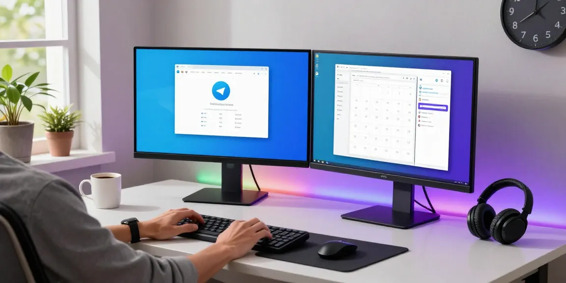 Engaging with Telegram Web Version on dual screens in a modern workspace