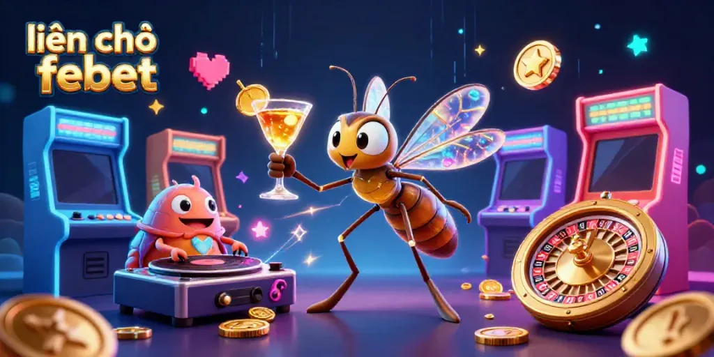 Engaging illustration featuring a frozen mosquito mascot and trilobite DJ at a vibrant casino, showcasing lively gaming elements and the brand 'liên hệ febet'.