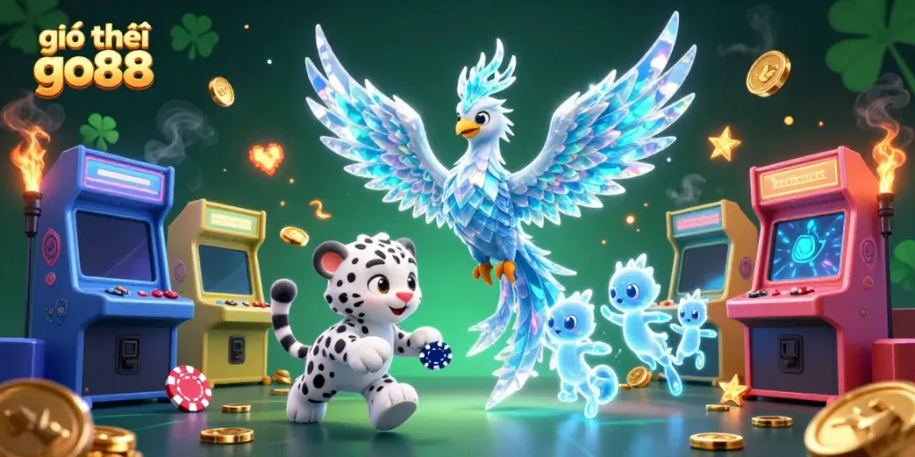 Engage with giới thiệu go88 in this vibrant 3D scene featuring an ice phoenix, snow leopard, and gaming elements.