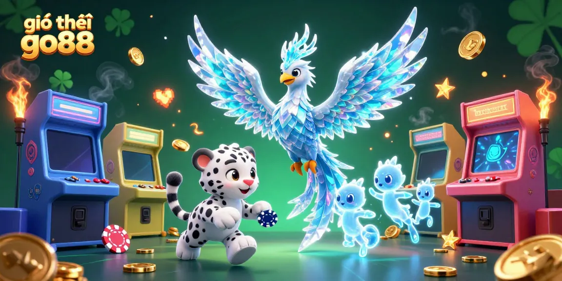 Engage with giới thiệu go88 in this vibrant 3D scene featuring an ice phoenix, snow leopard, and gaming elements.