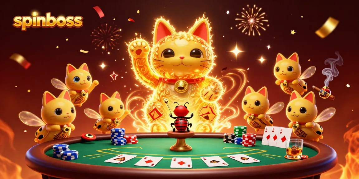 Spinboss showcases a vibrant casino scene with a lucky cat and poker elements in 3D art.