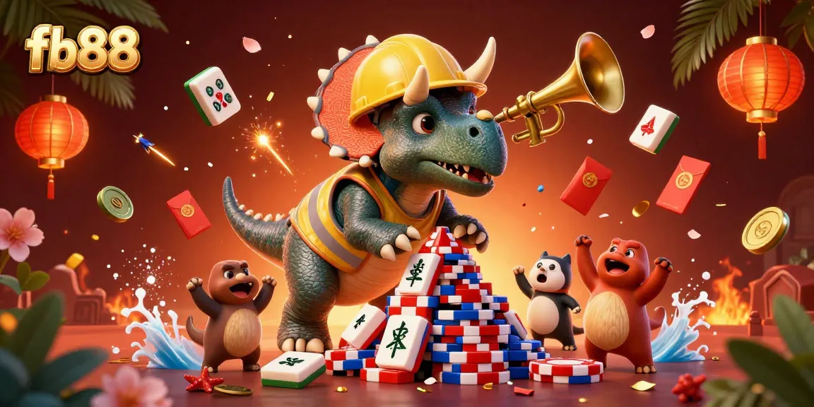 Join the fun at fb88 with a vibrant illustration of a triceratops stacking poker chips!