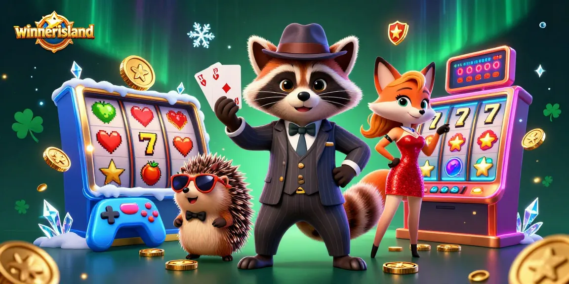 Play at Winner Island Casino with a suave raccoon, glamorous fox, and hedgehog in a vibrant gaming scene.